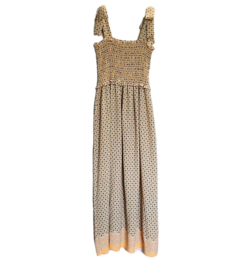 Max Studio Yellow Geometric Smocked Ruffle Strap Maxi Sundress Boho Cottage